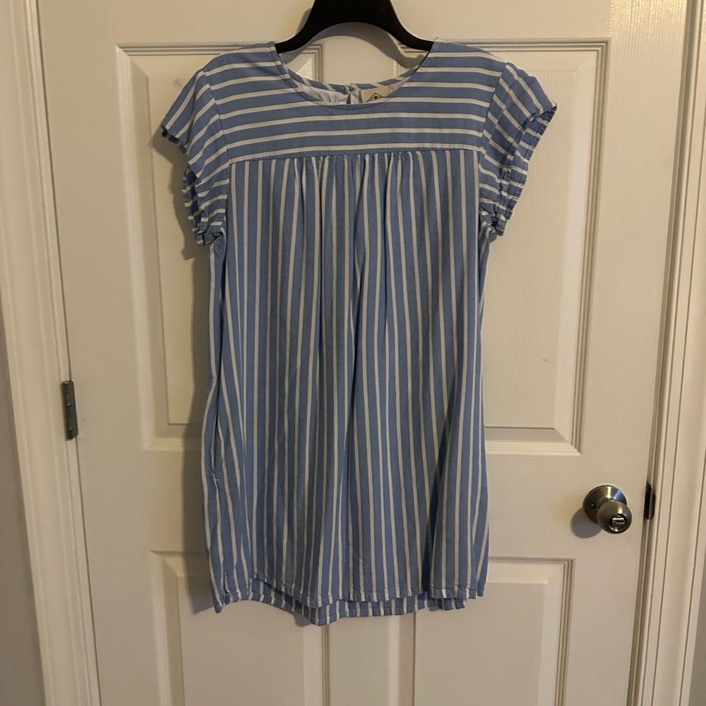 Blue and White Striped Mini Dress With Pockets